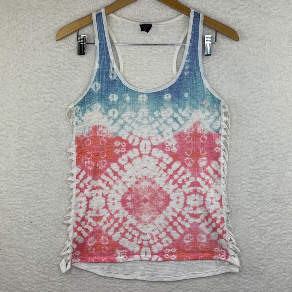 Patriotic Tie Dye Burnout Tank Top Pink Blue Lattice Side cutout Weave Small